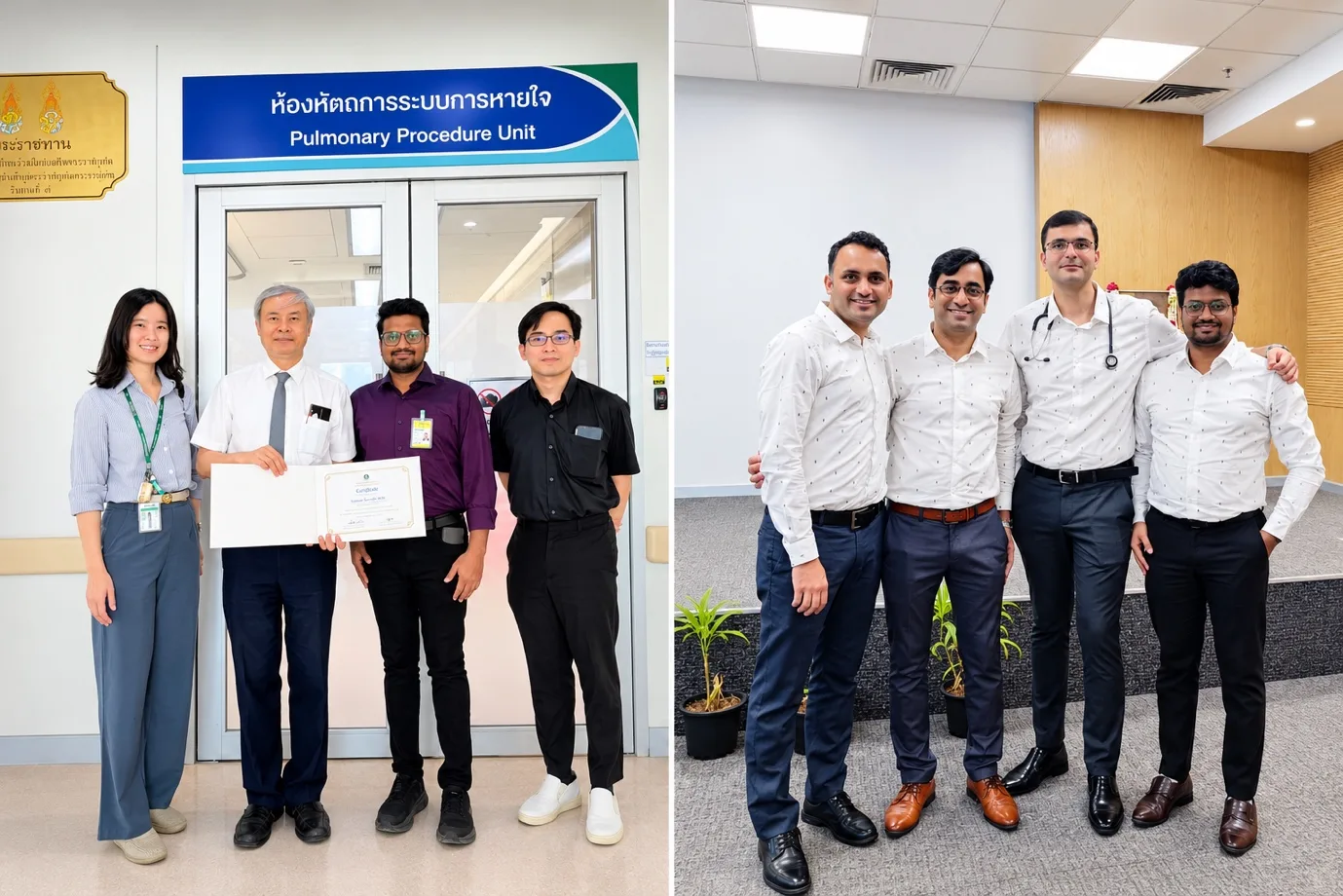 Dr. Satyam Agarwal receiving the interventional pulmonology fellowship certificate at the Pulmonary Procedure Unit, Siriraj Hospital, Bangkok, and with colleagues