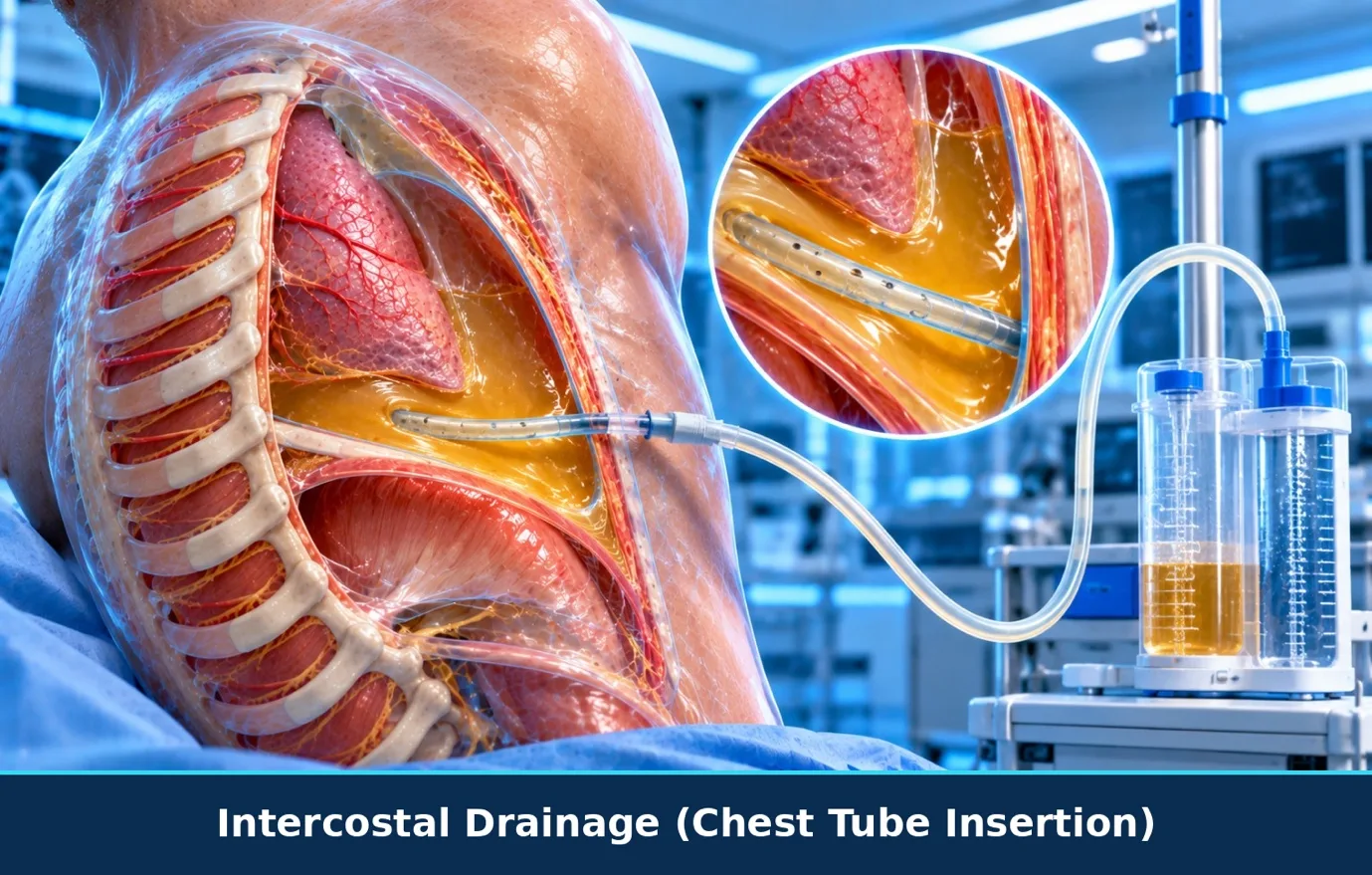 Illustration of intercostal drainage (chest tube insertion)